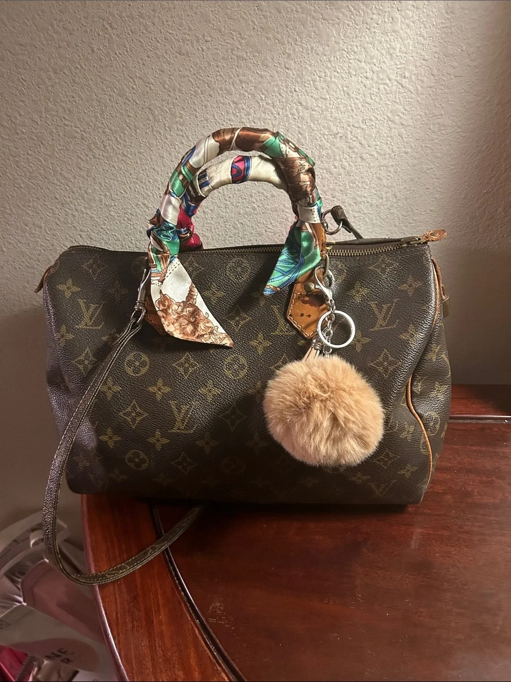 Louis Vuitton Monogram Satchel with Colorful Scarf-Wrapped Handles